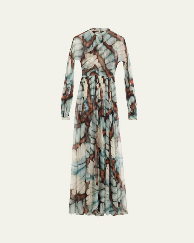 Butterfly Chiffon Long-Sleeve Maxi Dress